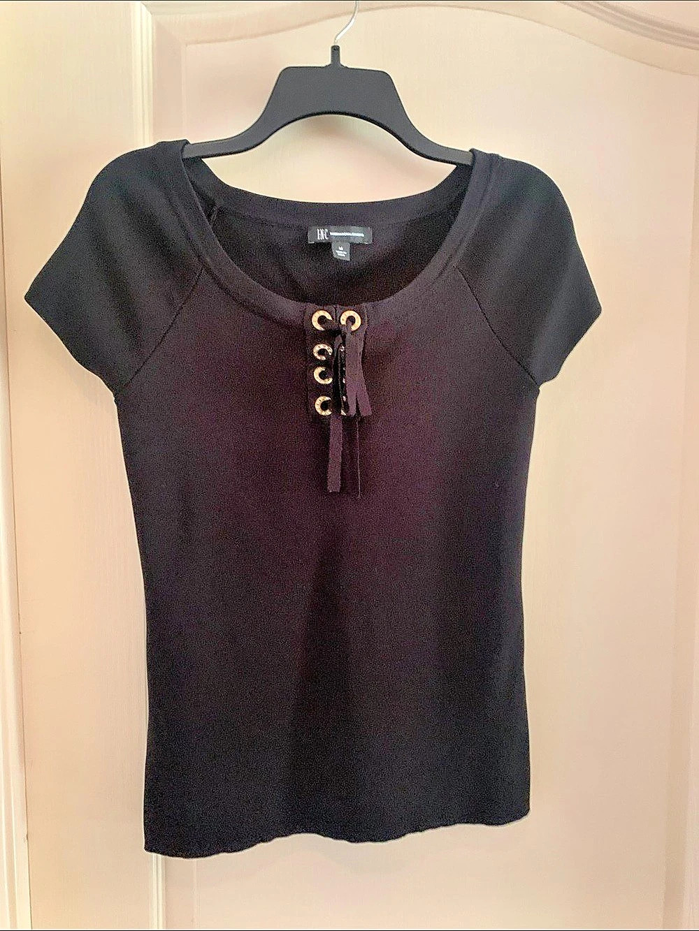 INC International Concepts Short-Sleeve Grommet Lace-Up Top Black Medium
